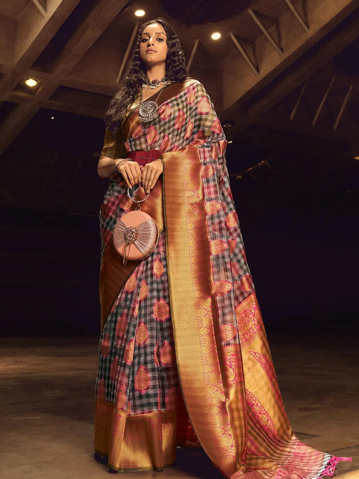 Pink And Black Checks Design Handloom Silk Saree - VJV Now