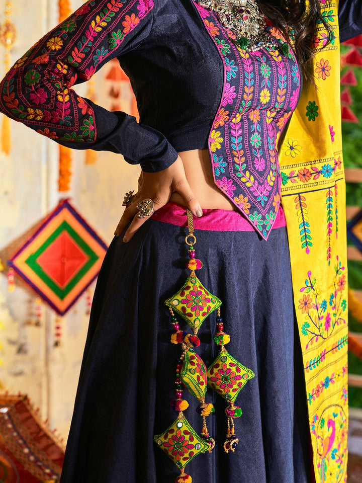Pink & Navy Silk Thread Embroidered Navratri Lehenga - VJV Now