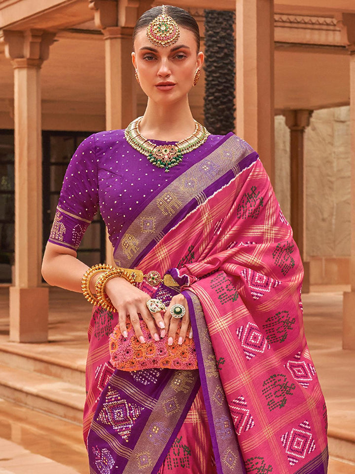 Pink And Purple Woven Patola Silk Saree - VJV Now