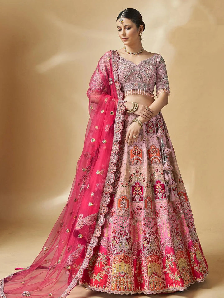 Pink Art Silk Heavy Hand Work With Embroidery Umbrella Lehenga Choli Wedding Wear - VJV Now