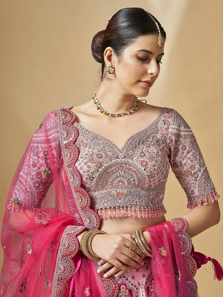 Pink Art Silk Heavy Hand Work With Embroidery Umbrella Lehenga Choli Wedding Wear - VJV Now