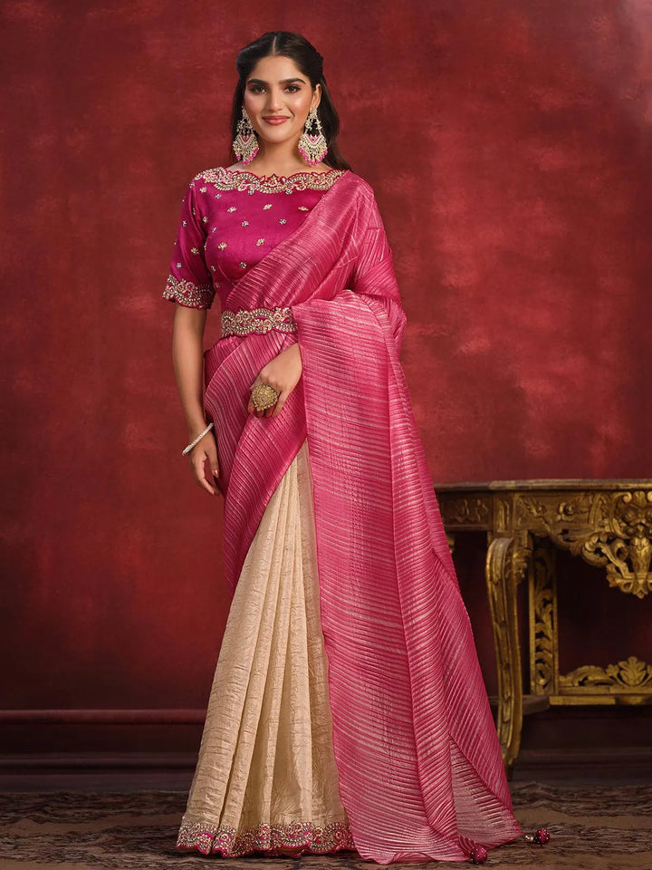 Pink Banarasi crush silk saree Party Wear - VJV Now