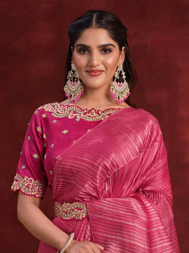 Pink Banarasi crush silk saree Party Wear - VJV Now