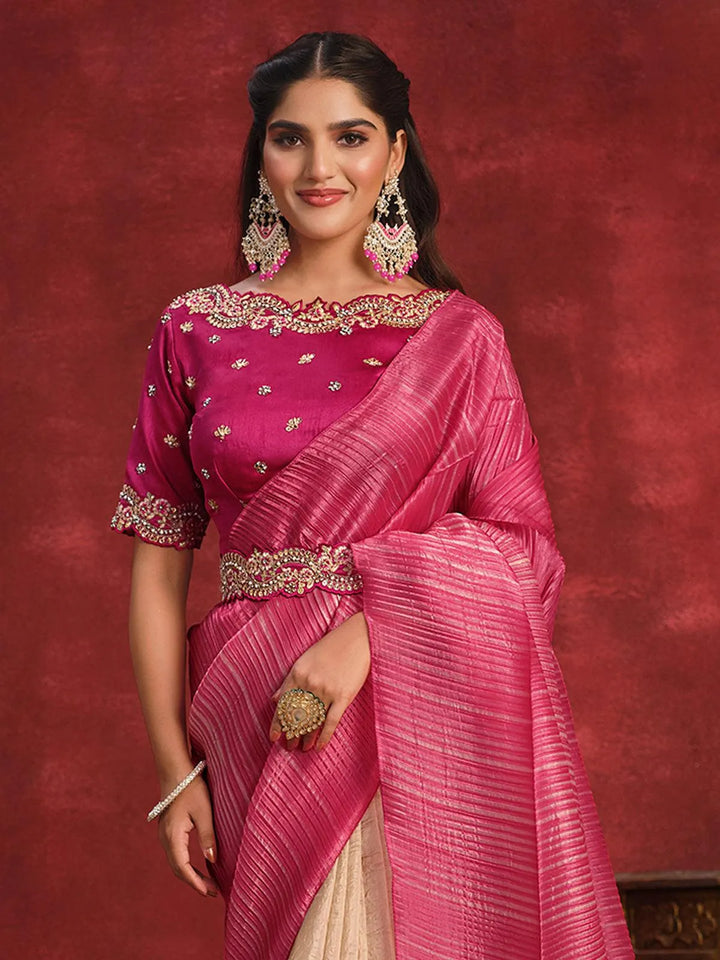 Pink Banarasi crush silk saree Party Wear - VJV Now