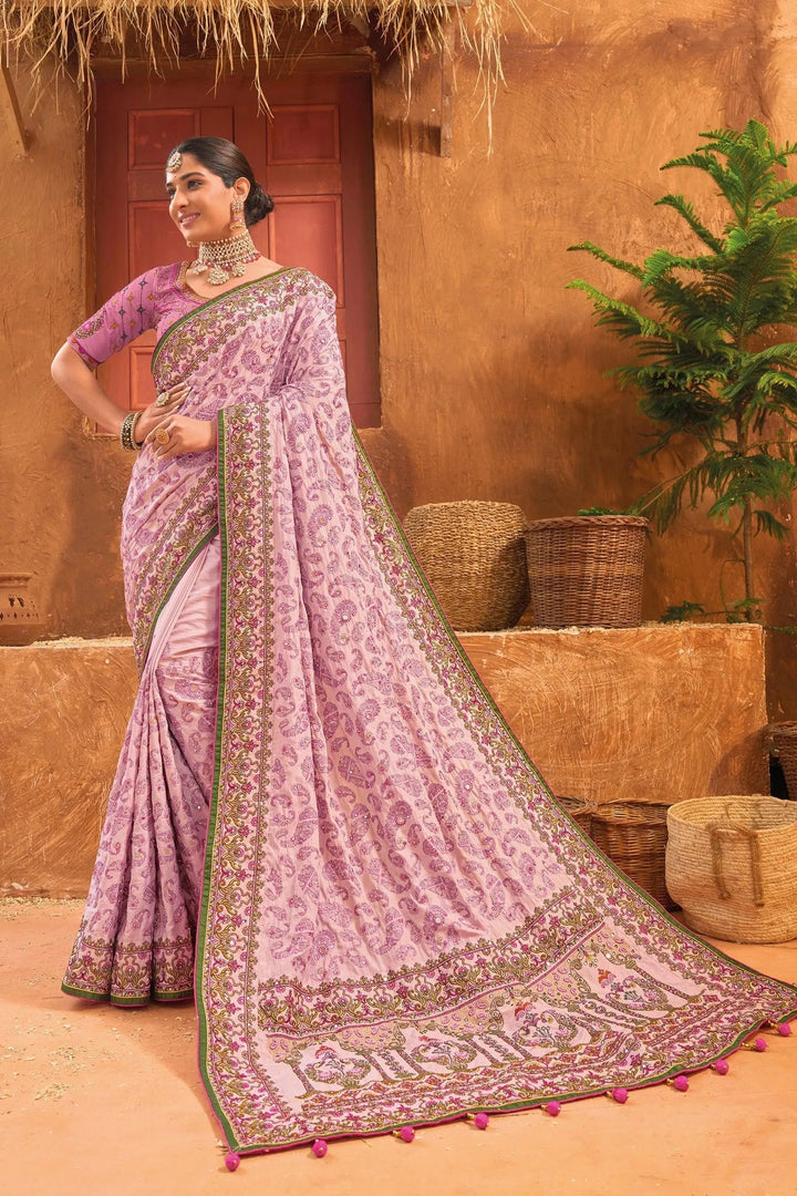 Pink Banarasi Silk Saree With Pure Kachhi Work, Diamond & Mirror Heaw Work - VJV Now