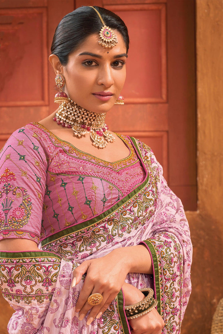Pink Banarasi Silk Saree With Pure Kachhi Work, Diamond & Mirror Heaw Work - VJV Now