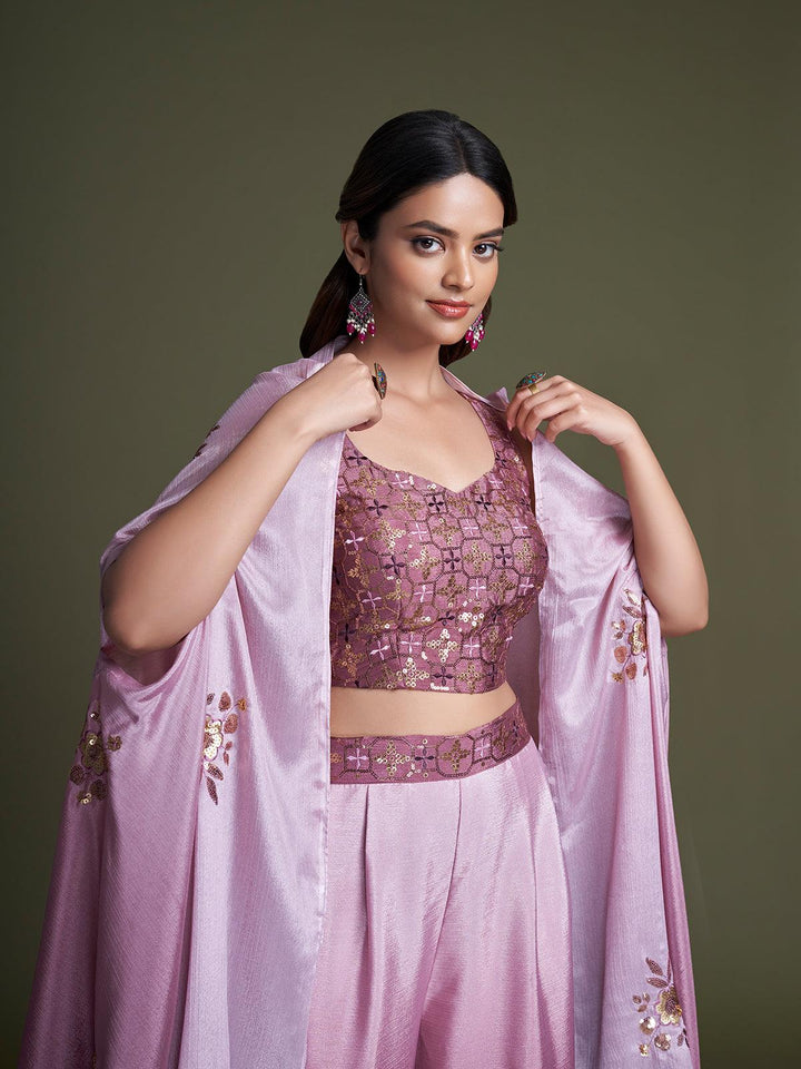 Pink Chinon Festive Wear Regular Fit Koti with Palazzo Crop Top Set - VJV Now