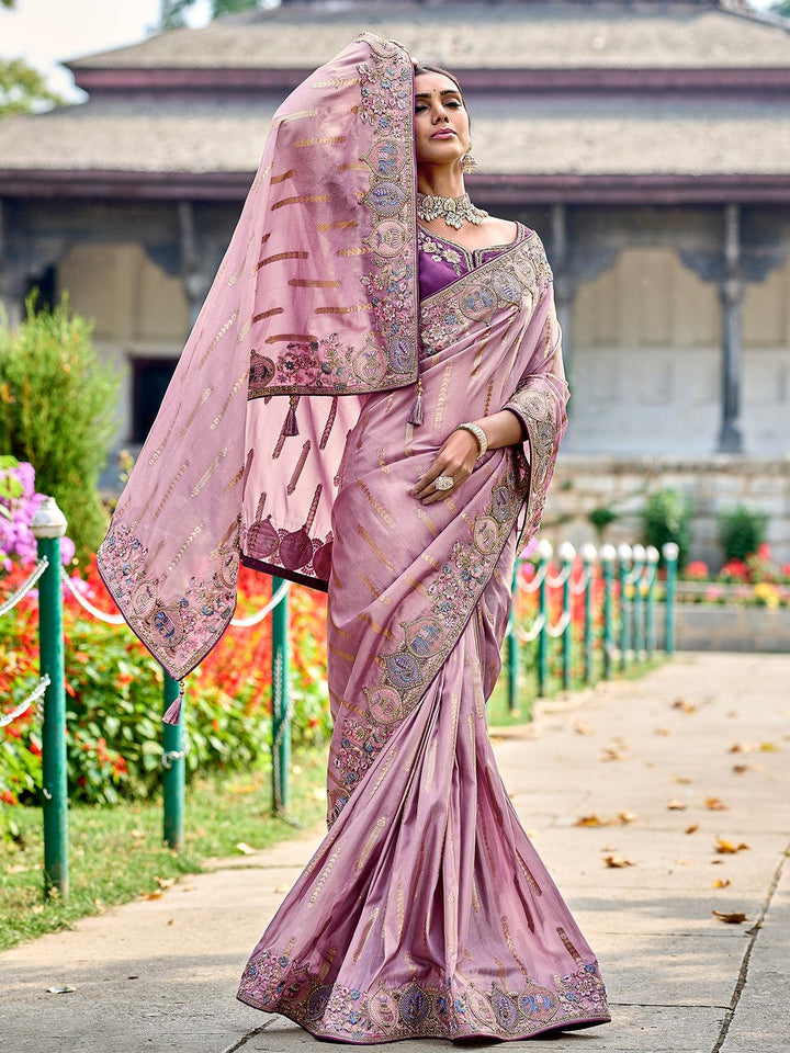 Pink Color Embroidered Banarasi Silk Saree - VJV Now