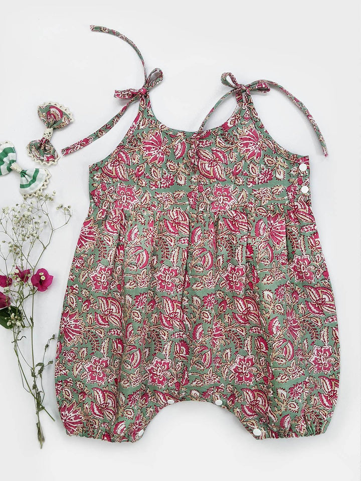 Pink Floral Loose Fit Baby Girl Romper With Narrow Strings - VJV Now
