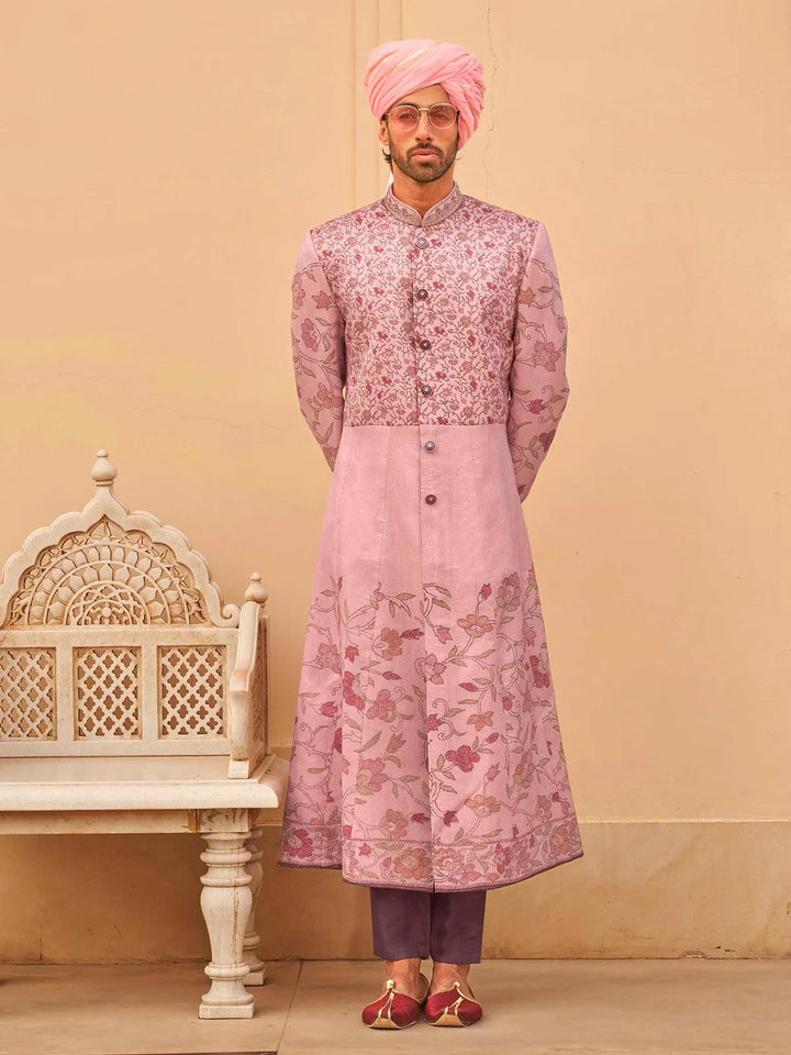 Pink foil Print Silk Sequence Work Indo-wester Kurta Sherwani Set For Weeding - VJV Now