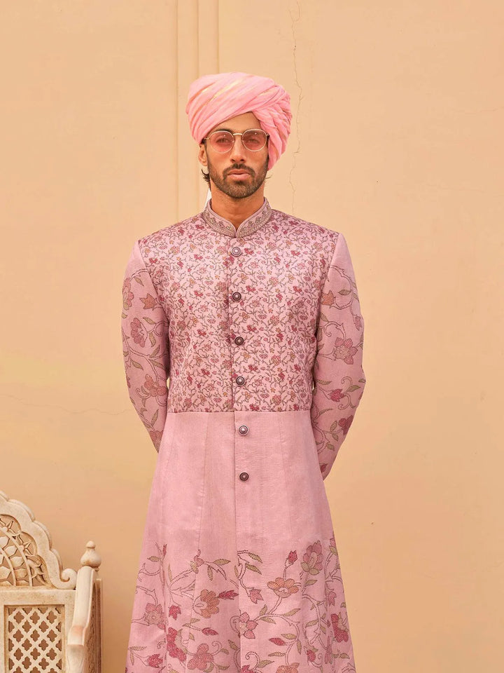 Pink foil Print Silk Sequence Work Indo-wester Kurta Sherwani Set For Weeding - VJV Now