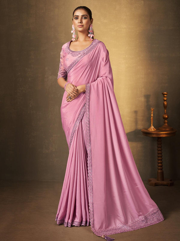 Pink Georgette Saree with Sequins Embroidered Party Wear - VJV Now