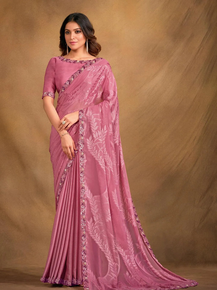 Pink Georgette Sequence And Embroidered Saree - VJV Now