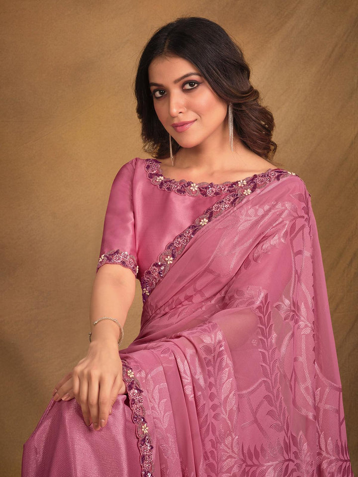 Pink Georgette Sequence And Embroidered Saree - VJV Now