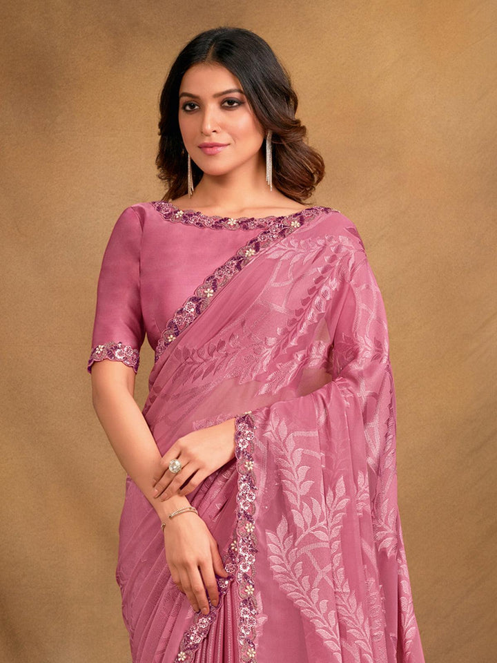 Pink Georgette Sequence And Embroidered Saree - VJV Now