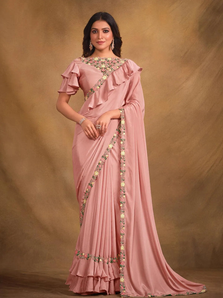 Pink Georgette Silk Embroidered Work Saree - VJV Now