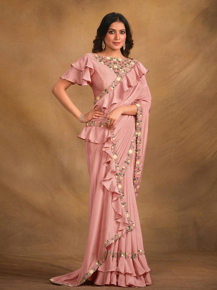 Pink Georgette Silk Embroidered Work Saree - VJV Now