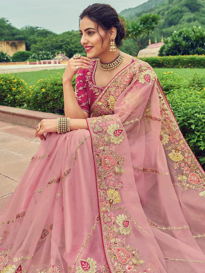 Pink heavy embroidered Silk saree - VJV Now