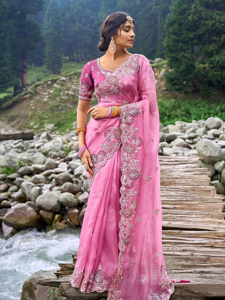 Pink Heavy Embroidered Work Designer Wear Saree - VJV Now