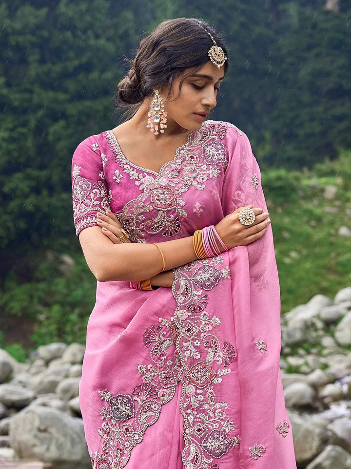 Pink Heavy Embroidered Work Designer Wear Saree - VJV Now