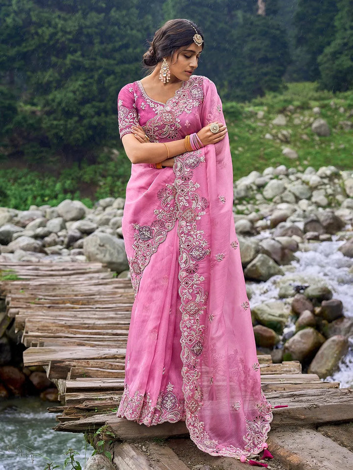 Pink Heavy Embroidered Work Designer Wear Saree - VJV Now