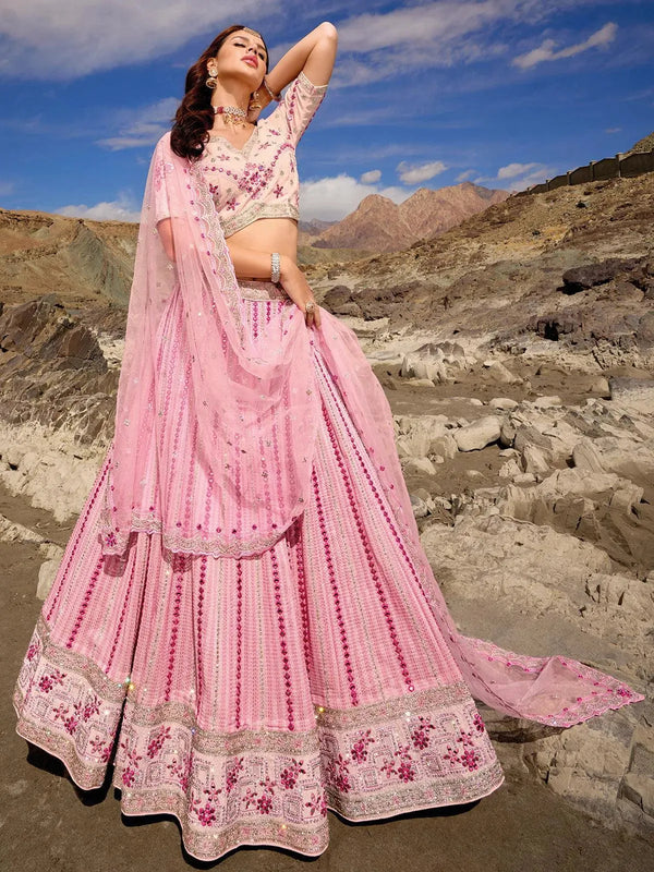 Pink Heavy Net Embroidered and Mirror Work Umberalla Lehenga Choli Designer Wear - VJV Now