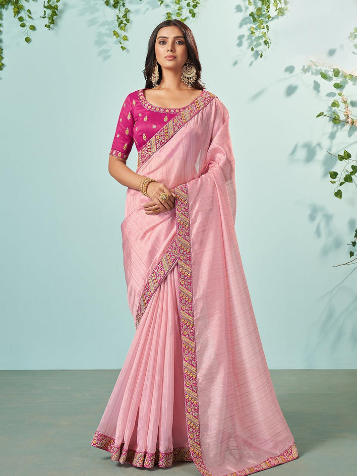 Pink Lace Embroidered Pleated Satin Silk Saree - VJV Now