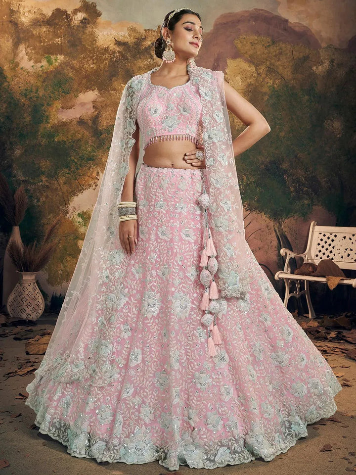 Pink Lehenga Choli Set with Beads work for weeding - VJV Now