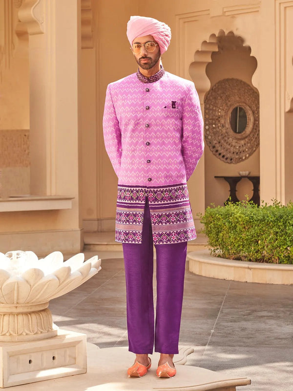 Pink Men's Indo-wester Foil Print Silk Sherwani Set For Weeding & Party Reception - VJV Now