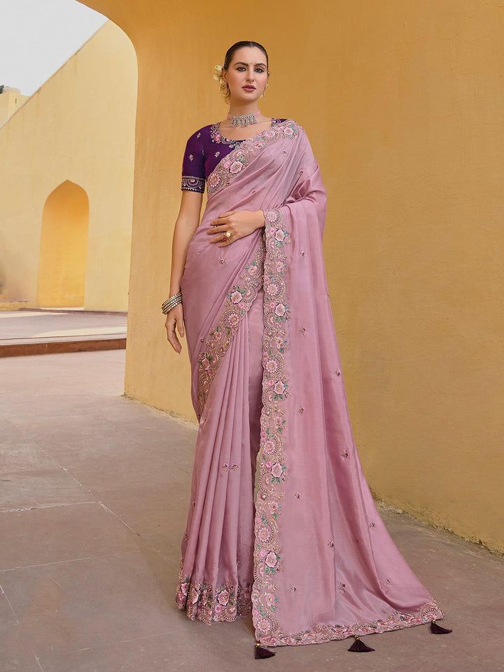 Pink Organza Silk Sequin Saree with Contrasting Purple Blouse - VJV Now