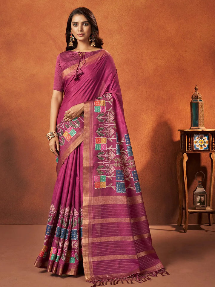 Pink Printed Work Crepe Soft Silk Saree - VJV Now