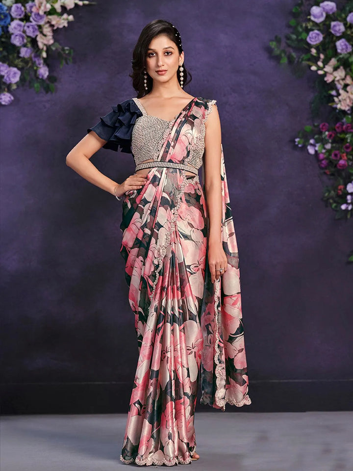 Pink Satin Silk Embroidered Ready to Wear Saree - VJV Now