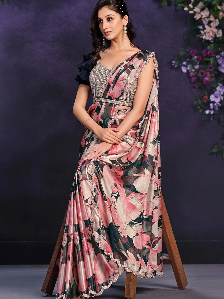 Pink Satin Silk Embroidered Ready to Wear Saree - VJV Now