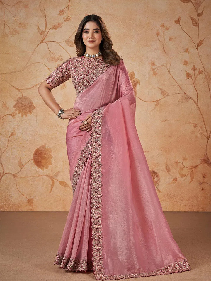 Pink Sequin Crush Silk Party Wear Saree - VJV Now