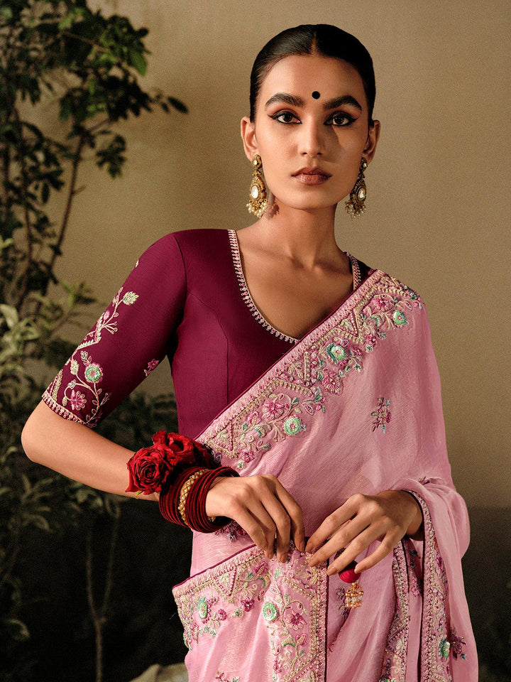 Pink Silk Embroidered Hand Work Saree Party Wear - VJV Now