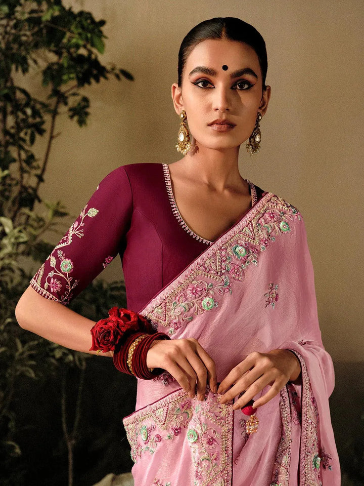 Pink Silk Embroidered Hand Work Saree Party Wear - VJV Now