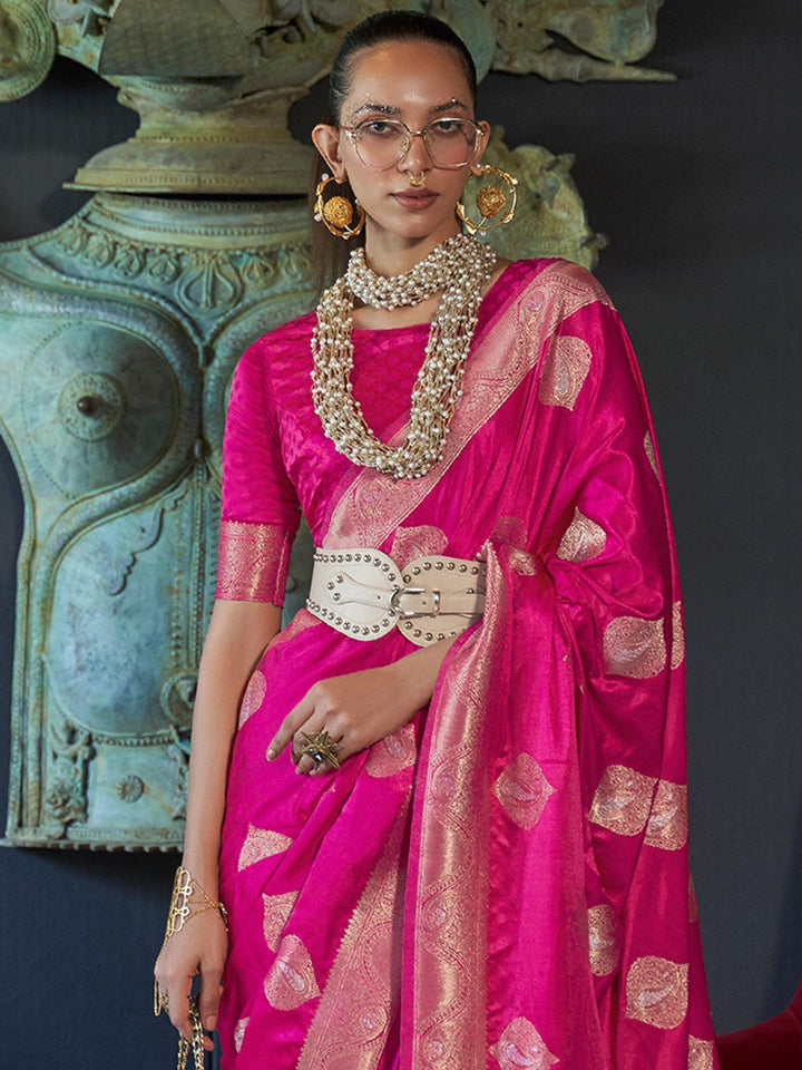 Pink Woven Banarasi Silk Saree - VJV Now