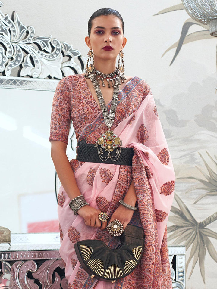 Pink Woven Kashmiri Jamewar Art Silk Saree - VJV Now