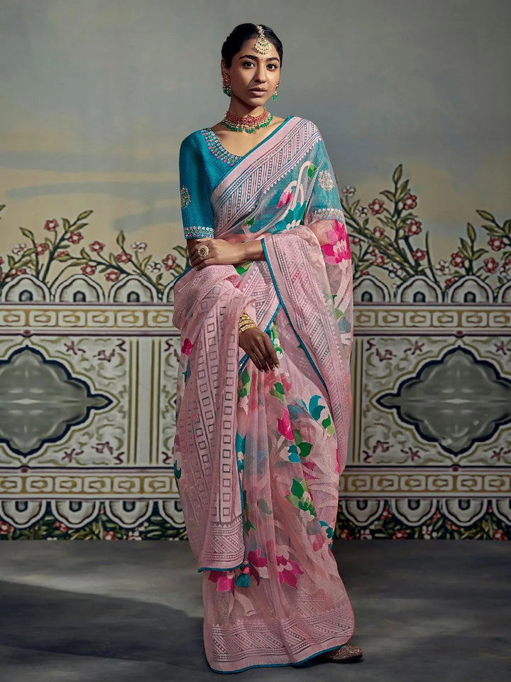 Pink Woven Silk Saree With Embroidered Blouse - VJV Now