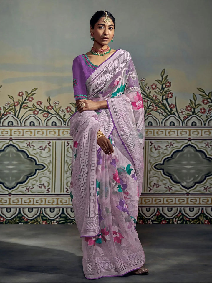 Pink Woven Silk Saree With Embroidered Blouse - VJV Now