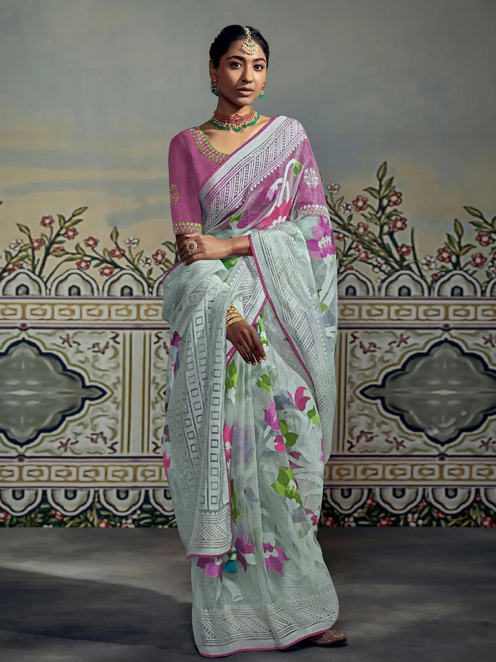 Pink Woven Silk Saree With Embroidered Blouse - VJV Now