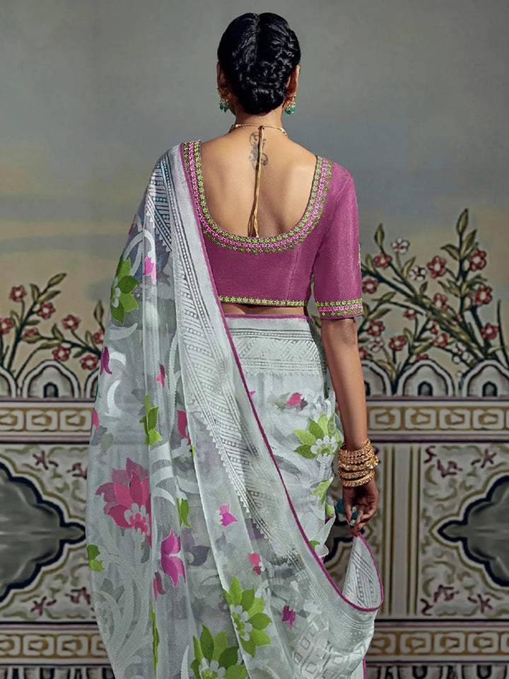 Pink Woven Silk Saree With Embroidered Blouse - VJV Now