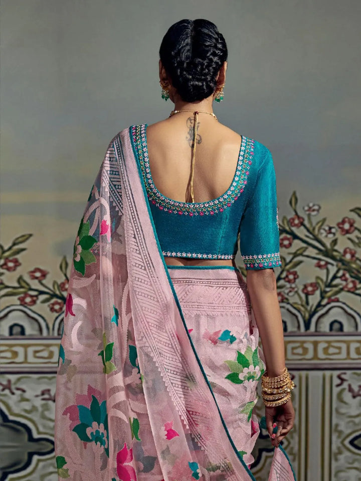 Pink Woven Silk Saree With Embroidered Blouse - VJV Now