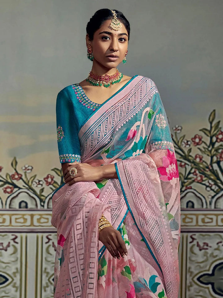 Pink Woven Silk Saree With Embroidered Blouse - VJV Now