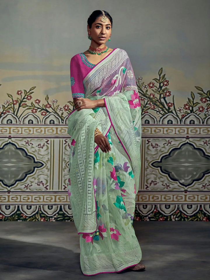 Pink Woven Silk Saree With Embroidered Blouse - VJV Now