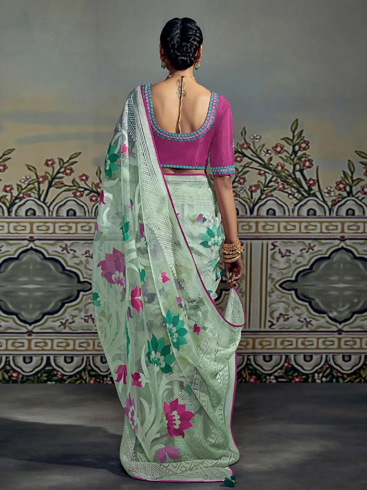 Pink Woven Silk Saree With Embroidered Blouse - VJV Now