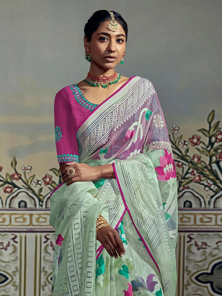 Pink Woven Silk Saree With Embroidered Blouse - VJV Now