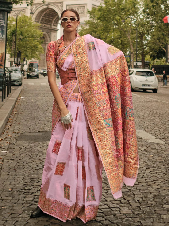 Pink Woven Zari And Floral Motif Saree - VJV Now