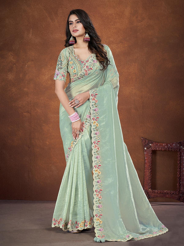 Pista Green Banarasi Crush Silk Sequin Saree with Embroidery blouse - VJV Now