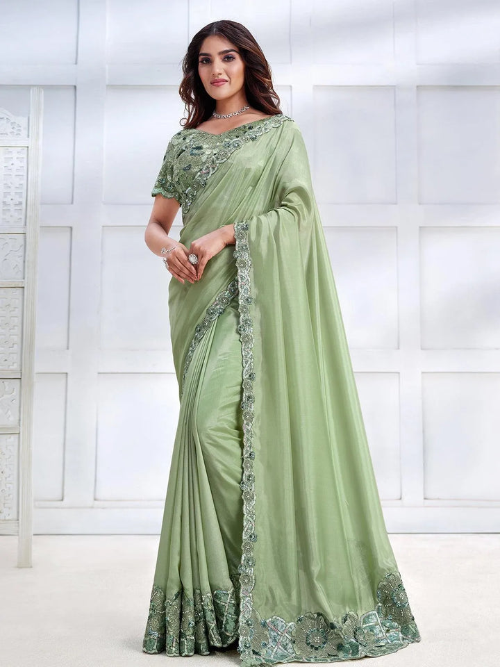 Pista Green Color Art Silk White Embroidered and Stone Work Saree - VJV Now